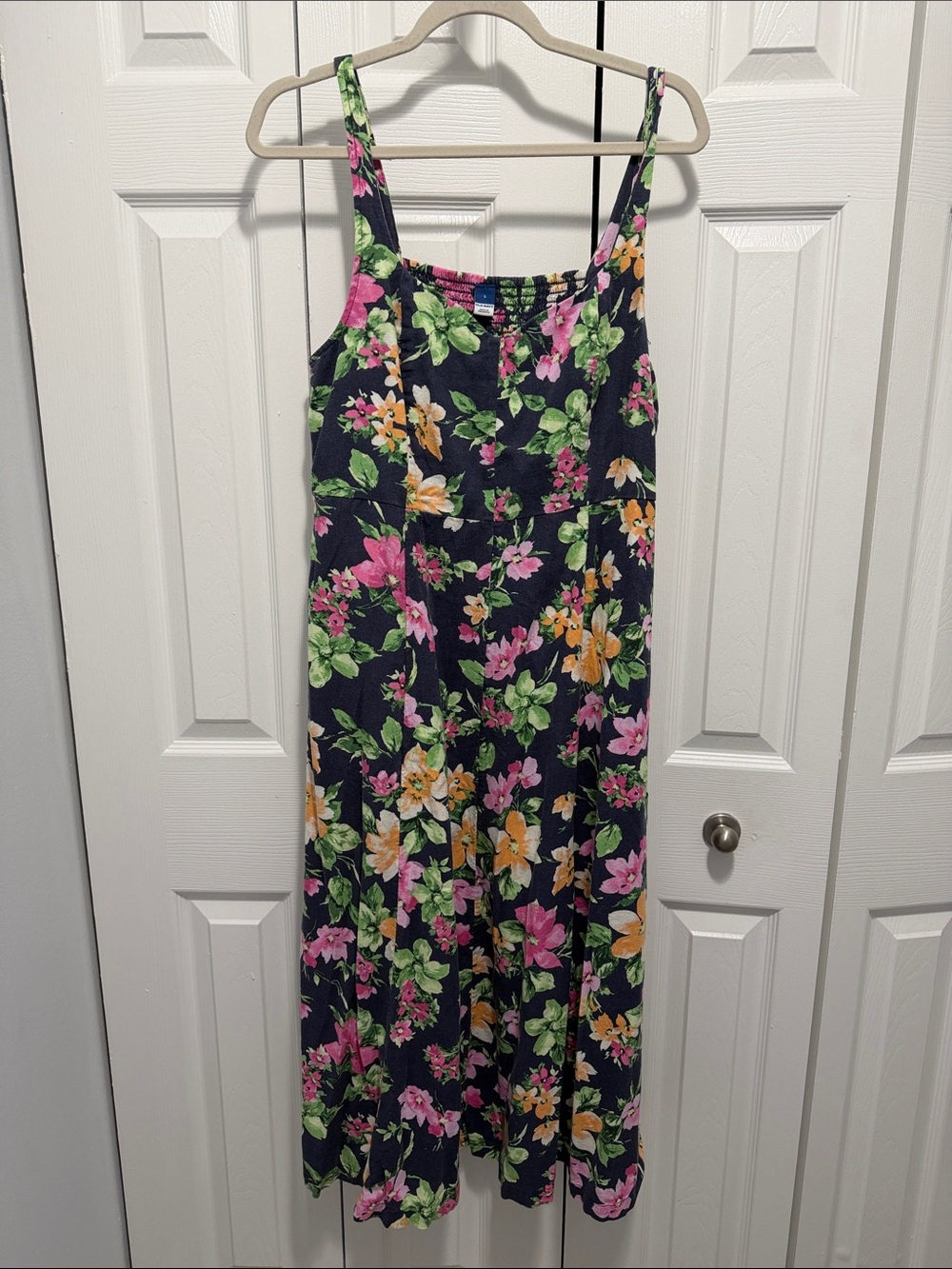 Old Navy Navy Midi Dress with Pink, Green & Yellow Floral Print